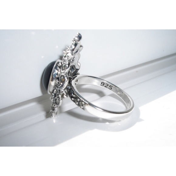925 STERLING SILVER Black Onyx Marcasite Ring - Picture 11 of 15